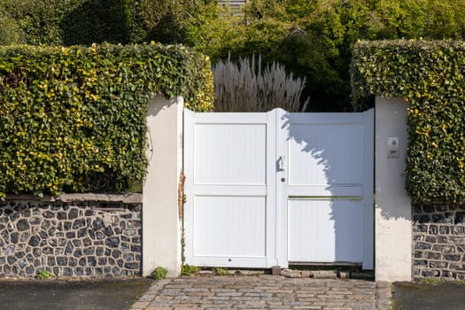 Metal gate and door with green trimmed bush hedge with stone basement and empty sidewalk in the city, horizontal background