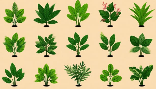 Seamless pattern featuring diverse green leaves on a light background. Ideal for nature-themed designs and projects.