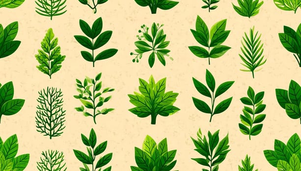 Seamless pattern featuring diverse green leaves on a light background. Ideal for nature-themed designs and projects.
