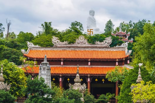Asian Vietnamese Buddhist Temple and Buddha statue at Long Son Pagoda in Nha Trang in Vietnam