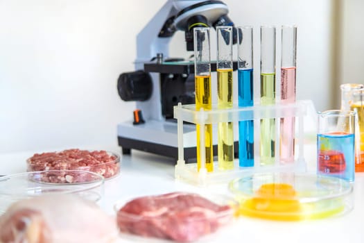Examine meat in the laboratory. Selective focus. Food.