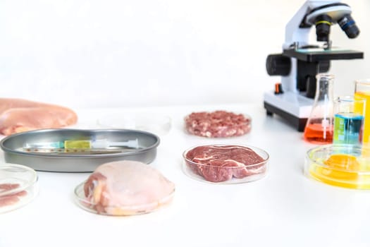 Examine meat in the laboratory. Selective focus. Food.