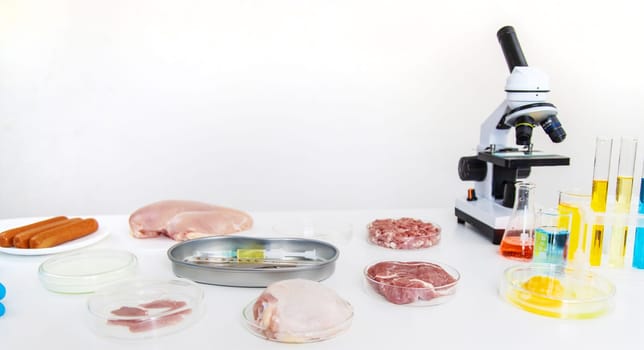 Examine meat in the laboratory. Selective focus. Food.