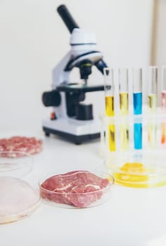Examine meat in the laboratory. Selective focus. Food.