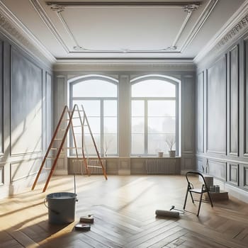 Bright, renovated room with large windows. Painter's ladder, paint bucket and tools indicate a creative makeover. Perfect for renovation themes!