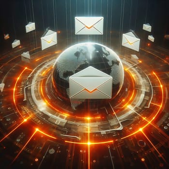 Futuristic digital e-mail transmission: Glowing envelopes float above a circuit board with fast, orange data streams. Ideal for technology themes!