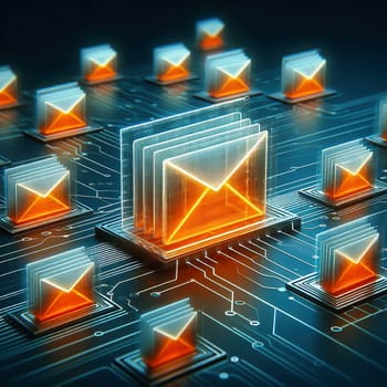 Futuristic digital e-mail transmission: Glowing envelopes float above a circuit board with fast, orange data streams. Ideal for technology themes!