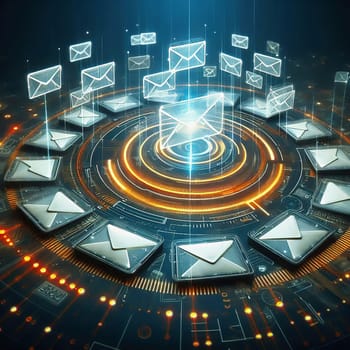 Futuristic digital e-mail transmission: Glowing envelopes float above a circuit board with fast, orange data streams. Ideal for technology themes!