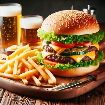 Juicy cheeseburger with crispy lettuce, tomatoes, gherkins and caramelized onions, served with golden fries on a rustic wooden board.