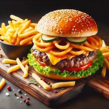 Juicy cheeseburger with crispy lettuce, tomatoes, gherkins and caramelized onions, served with golden fries on a rustic wooden board.
