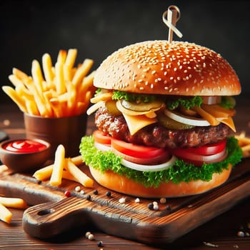 Juicy cheeseburger with crispy lettuce, tomatoes, gherkins and caramelized onions, served with golden fries on a rustic wooden board.