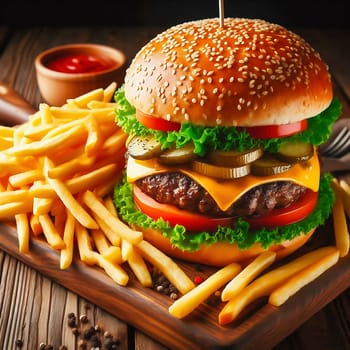 Juicy cheeseburger with crispy lettuce, tomatoes, gherkins and caramelized onions, served with golden fries on a rustic wooden board.