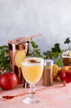 Refreshing apple cocktail garnished with a slice of apple and a sprinkle of cinnamon, served in a stylish glass with a cocktail shaker in the background