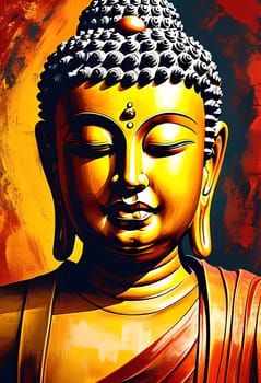 A stunning golden Buddha statue stands serenely, capturing the essence of peace and calm. The warm, colorful backdrop enhances its spiritual presence, inviting contemplation.