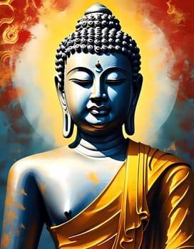 A stunning portrayal of a Buddha statue adorned in a golden robe. Surrounded by a burst of colors, it evokes tranquility and invites reflection on inner peace and wisdom.