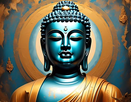 A beautifully crafted statue of Buddha in deep blue and gold hues stands gracefully, radiating tranquility in an intricately decorated backdrop that enhances the peaceful atmosphere.