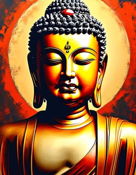 Captivating golden statue of the Buddha exudes tranquility as the soft glow of a radiant halo illuminates the surrounding warm hues, inviting inner reflection and calm.