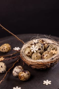 Small quail eggs resting in a cozy nest, adorned with delicate spring decorations, evoke feelings of new beginnings and the beauty of nature