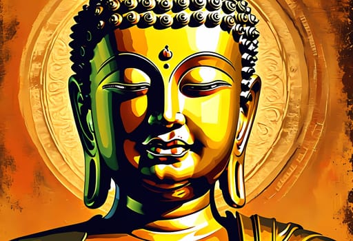 A magnificent golden Buddha statue captures the essence of peace and enlightenment, surrounded by a rich, vibrant backdrop. This artwork evokes calmness and spiritual reflection.