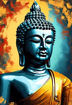 Buddha statue exuding serenity and wisdom stands majestically draped in a golden robe. Its blue hue contrasts beautifully with a warm, colorful backdrop, inspiring calmness.
