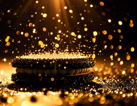 A striking arrangement of a black dessert topped with a glimmering golden bokeh effect creates an enchanting atmosphere. The scene radiates warmth and elegance, drawing the eye.