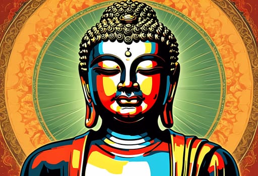 A stunning representation showcases a Buddha statue, adorned with vivid colors and intricate designs, emanating tranquility and spiritual energy in a mesmerizing backdrop.