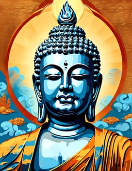 A striking depiction showcases the tranquil features of Buddha, adorned in traditional robes, set against a radiant backdrop filled with vibrant clouds and golden light.