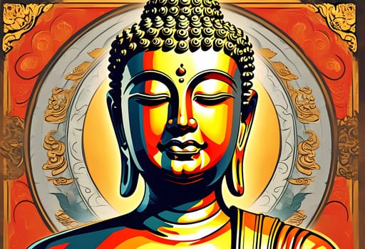 A vibrant depiction of a Buddha statue, radiating colors and adorned with elaborate patterns, creates a sense of tranquility in a harmonious setting, inviting contemplation and peace.