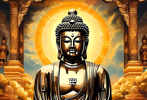 A majestic golden Buddha statue stands at the center, surrounded by detailed ancient structures and clouds, creating a tranquil space filled with spiritual energy.
