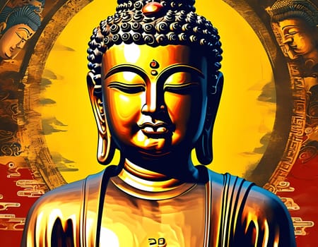 A magnificent golden Buddha statue embodies serenity and peace, surrounded by intricate designs and vivid colors, inviting contemplation and reflection at sunset.