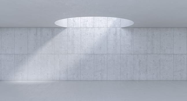 Empty concrete room with circular skylight illuminating wall 3d