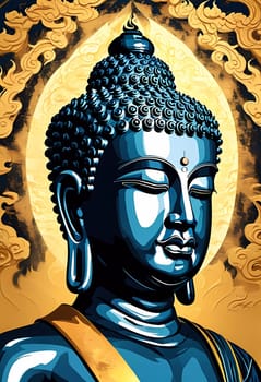 A mesmerizing sculpture of Buddha captures attention with its deep blue hue and serene expression. The backdrop of swirling golden clouds enhances the feeling of peace and spirituality.