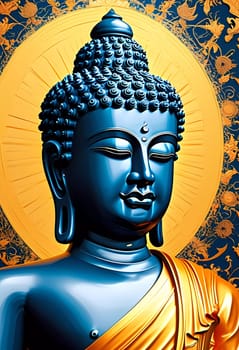 A captivating blue Buddha sculpture stands gracefully, its serene expression evoking tranquility. Behind it, an ornate golden pattern adds warmth and vibrant energy to the atmosphere.