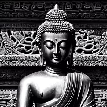 A beautifully crafted Buddha sculpture stands gracefully in front of detailed stone carvings.