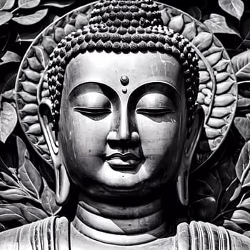 Exquisite Buddha statue radiates calmness with intricate details, framed by vibrant green leaves, creating a harmonious blend of nature and spirituality.
