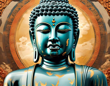 A breathtaking Buddha statue with intricate details stands against a warm, textured background, creating an aura of calm and spiritual connection in a harmonious atmosphere.