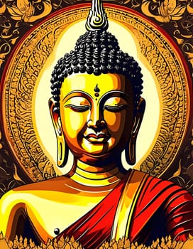 A golden Buddha figure symbolizes tranquility and enlightenment, adorned with a red robe, set against a detailed background of ornate patterns that enhance its spiritual aura.