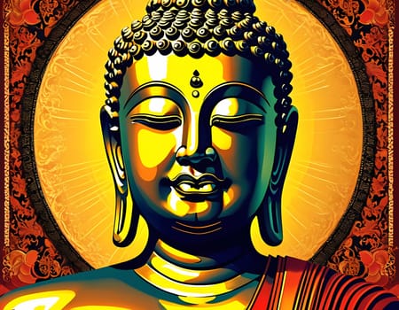 A golden Buddha figure radiates serenity, set against a vibrant backdrop of intricate patterns emanating tranquility. The warm light creates a peaceful atmosphere ideal for meditation.