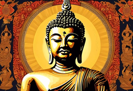 A majestic golden Buddha statue stands at the center, radiating peace and tranquility. The background features detailed designs and vibrant colors, enhancing the meditative vibe.