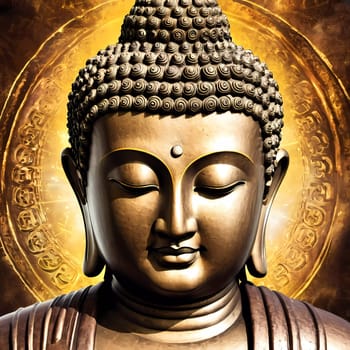 A magnificent Buddha statue stands with a calm expression, surrounded by a warm golden glow.