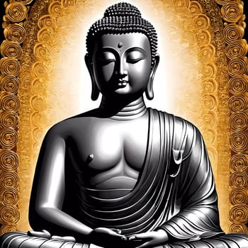A graceful black Buddha sits in meditation, symbolizing tranquility and inner peace, adorned by exquisite golden designs that enhance the calm atmosphere of the setting.