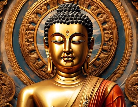 The resplendent Buddha statue, adorned in gold and vibrant colors, stands in a beautifully carved temple. Soft light enhances the serene atmosphere, inviting contemplation.