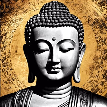 A serene Buddha statue graces a tranquil temple, its intricate details reflecting light beautifully. The golden background enhances the aura of peace and wisdom that surrounds it.
