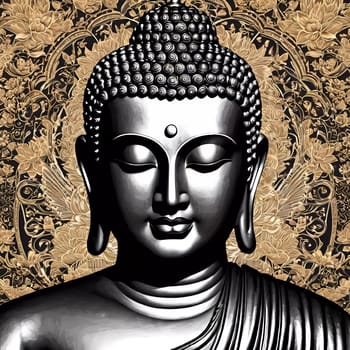 A beautifully crafted silver Buddha statue radiates calm and enlightenment, set against a detailed floral backdrop that enhances its spiritual essence and invites reflection.