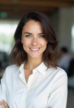 In a modern bank office, a confident brunette woman stands with crossed arms, offering a welcoming smile that enhances the inviting atmosphere of customer service.