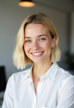 A cheerful blonde woman in a crisp white shirt offers warm and friendly service in a stylish bank office filled with natural light. She exudes positivity and professionalism.