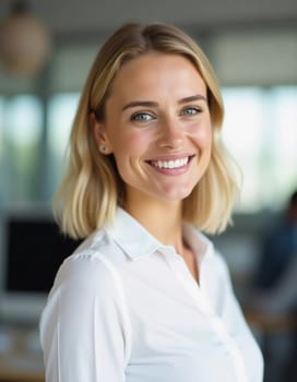 A cheerful blonde woman in a white blouse stands confidently in a modern office, showcasing her commitment to excellent service and a welcoming atmosphere.