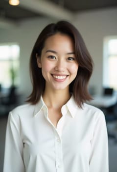 A professional brunette woman stands confidently in a stylish bank office, radiating positivity with her bright smile while engaging with clients during a busy workday.