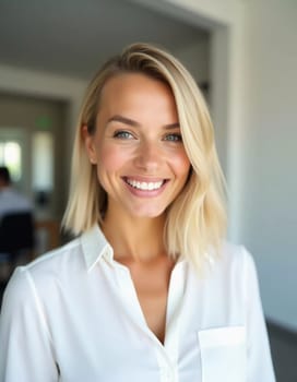 A cheerful blonde woman stands confidently in a sleek bank office, wearing a crisp white shirt. Her bright smile conveys warmth and professionalism as she engages with clients.