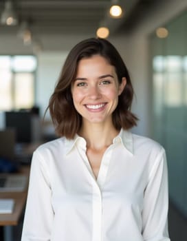 In a bright and contemporary office, a brunette woman wearing a crisp white shirt smiles warmly, embodying friendliness and professionalism as she engages with clients and coworkers.